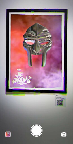 MF Doom poster of his signature mask animated in a social media filter